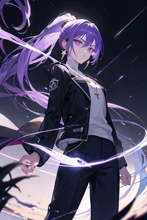 High neck shirt, loose full sleeves jacket, amethyst crystal locket,pants,long boots, dark blue hair, bangs, crossed bangs, hair between eyes, long hair, ponytail, very long hair, wavy hair, high ponytail, star-shaped pupils, eye reflection, glowing eyes, ...