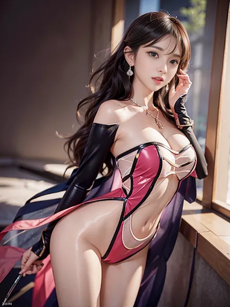 A beauty, (Race:Chinese),((night, moonlight, High-floor suite with floor-to-ceiling windows, Atmosphere, Fascinating lighting)), (8K Ultra HD, 8K, Ultra-high resolution, best quality, masterpiece, Surrealism, Digital SLR Camera, Soft Light, Bokeh, Masterpi...