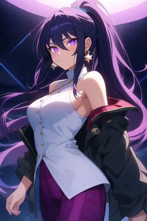 High neck shirt, loose full sleeves jacket, amethyst crystal locket,pants,long boots, dark blue hair, bangs, crossed bangs, hair between eyes, long hair, ponytail, very long hair, wavy hair, high ponytail, star-shaped pupils, eye reflection, glowing eyes, ...