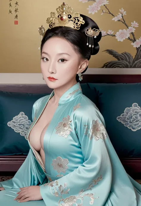 A lavish Empress from the Qing Dynasty era in China, seated on a large golden sofa, completely naked, with her large breasts and massive buttocks protruding as she faces away, her face visible.（Porn Pose） A gorgeous Chinese imperial empress with her hair t...