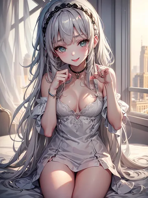 1Girl, Solo, Anime, Ideal body, (Cleavage, Small breast). Beautiful, Gorgeous, Fresh, Blunt Bangs, (White Grey Hair:1.5),(Straight and Wavy Long Hair:1.3), Sleep dress, Off-Shoulder, Oversize , laced, Comfort, Loose dress, satin Texture. (Sit on bed:1.3). ...