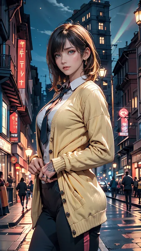 Highest quality, masterpiece, Cinema Lighting, Complex, cinematic detailed Realistic background, Detailed face, whole body, Small breasts, Realistic, Clear lines, , , One person jogging, Cityscape, night, tie shirt, View your viewers, tattoo, Model pose, O...