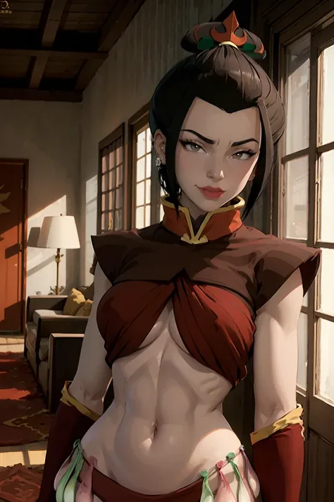 8k, ray tracing, vibrant colors, (1girl), (solo:1.4), (Azula:1.4), red clothes, black hair, short hair, topknot, full body, (brown orange eyes:1.4), slender body, masterpiece, sharp focus, Best Quality, depth of field, cinematic lighting, very detailed clo...