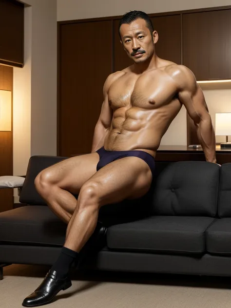 40 years old，Hidetoshi Nakata，（Kogoro Mori 1.3），whole body，Lean，muscle，office，black，foot，Suit，foot抬起，sofa，Baldhead ，transparent，Thick body hair，underwear，Topless，Densely hairy，Fortitude，HD，With a mustache