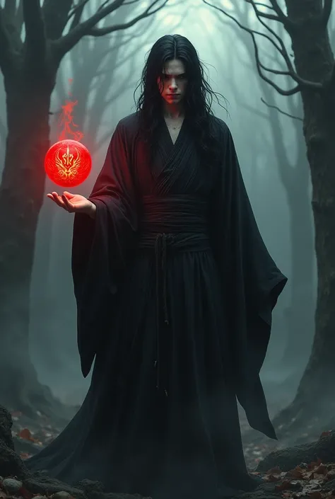 Anime, Male, long Black hair, immortal like appearance, dark souls atmospheric, black dark stripped kimono, holding a red ball of energie with a demonic crest.