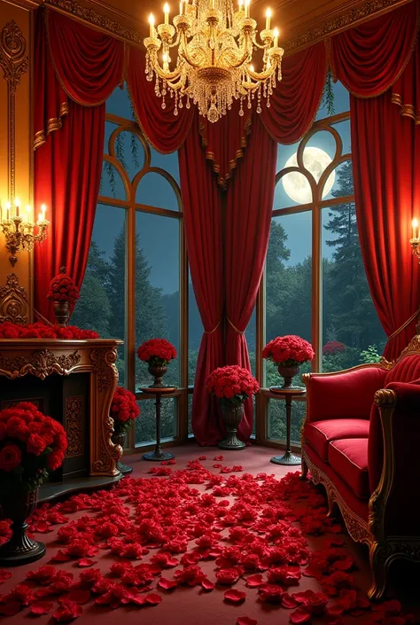 Inside the mansions room, there are many lights and many red roses.
