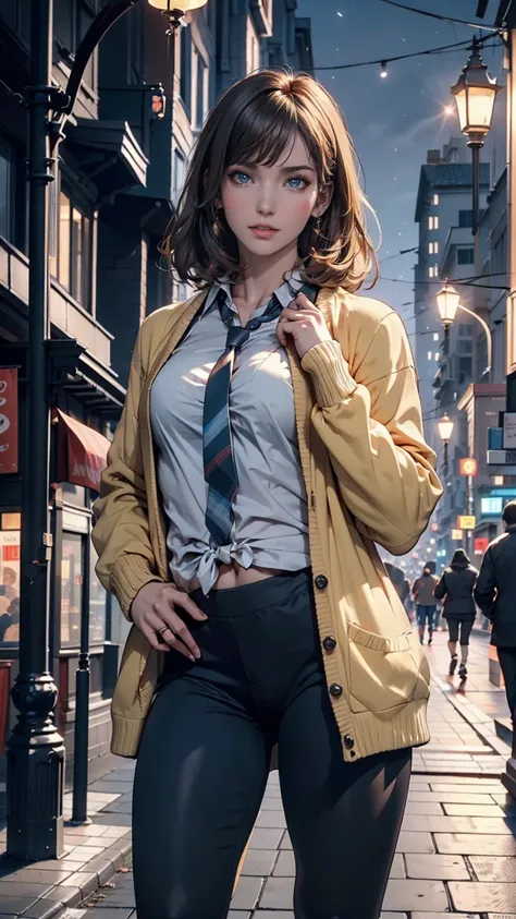 Highest quality, masterpiece, Cinema Lighting, Complex, cinematic detailed Realistic background, Detailed face, whole body, Small breasts, Realistic, Clear lines, , , One person jogging, Cityscape, night, tie shirt, View your viewers, tattoo, Model pose, O...