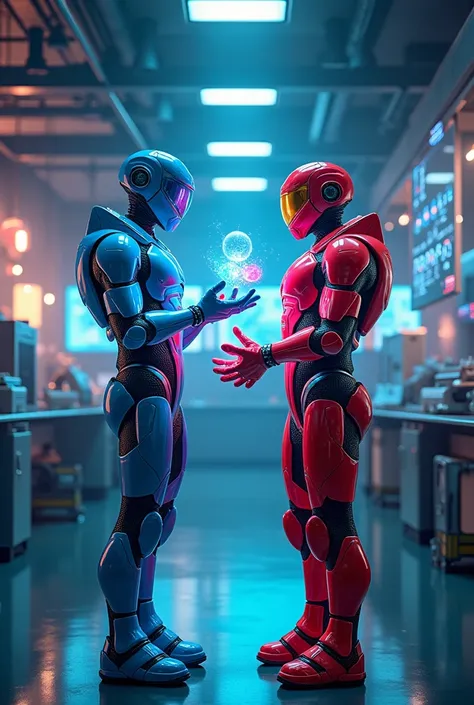 {
  "size": "1024x1024",
  "prompt": "In a futuristic laboratory setting, Neutron and Proton, both dressed in bright, advanced armor, are standing together. Neutron, with a calm expression, makes a balancing gesture with his hands as protons and
