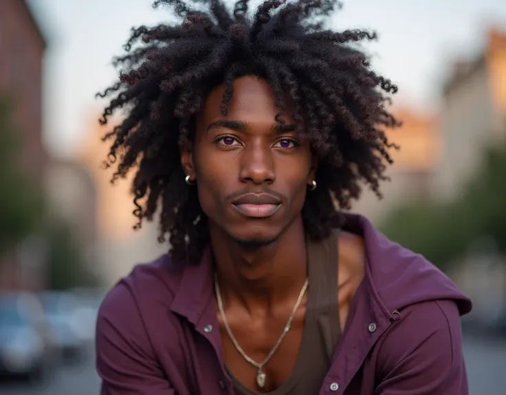 headshot of a very tall French-Nubian featured male, relaxed waves parted to the side hair, toned body, ebony skin, vibrant purple eyes, tall thin toned body. Kind expression. Wearing brown and purple clothes.