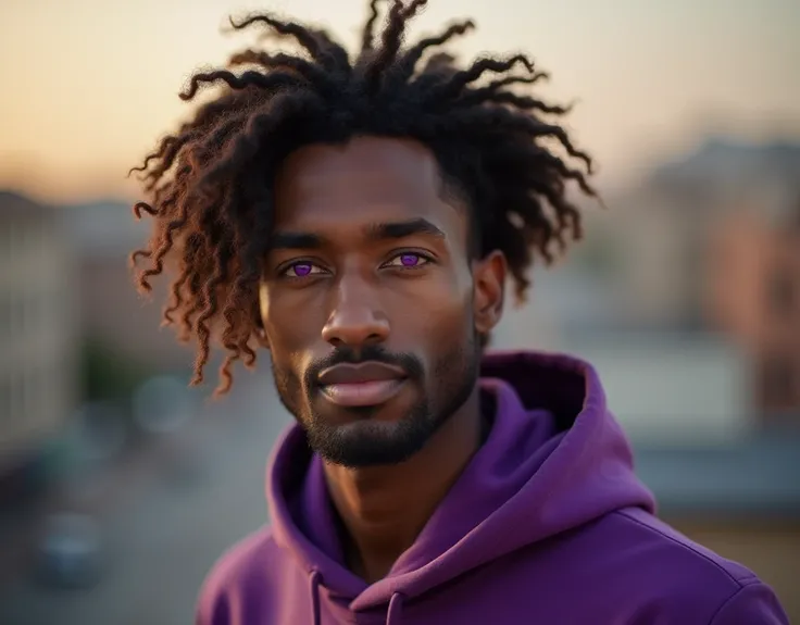 headshot of a very tall French-Nubian featured male, relaxed waves parted to the side hair, toned body, ebony skin, vibrant purple eyes, tall thin toned body. Kind expression. Wearing brown and purple clothes.