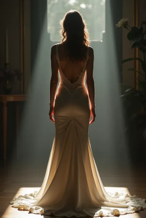 Girl in long tight dress in shadow light view from behind highest quality small details 