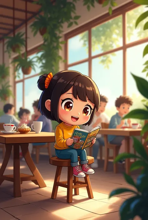 A chibi cartoon of a teenager reading on a tablet at a cafe
