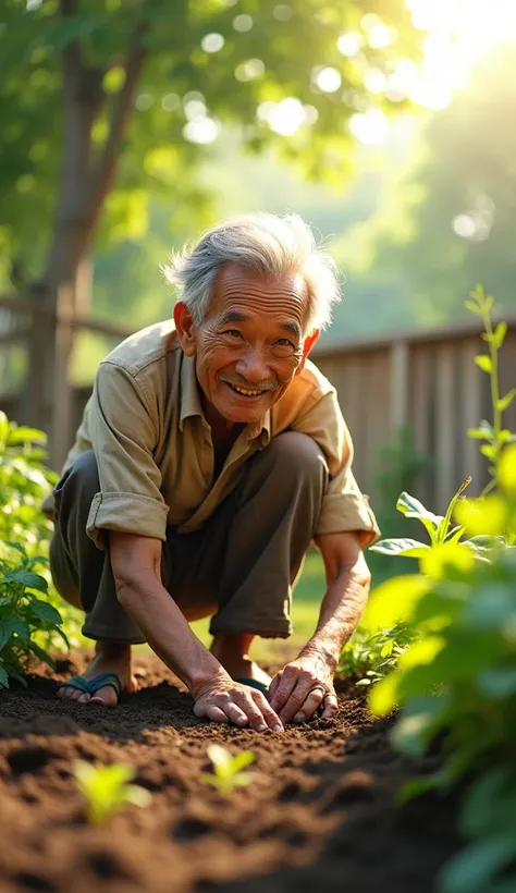 Uncle Tu is an elderly man, Lean with gray hair and tanned skin. He usually wears simple clothes like old shirts, Long pants and flip-flops. He has a gentle face, He often smiles and shows optimism through his actions. He is planting vegetable seeds in the...