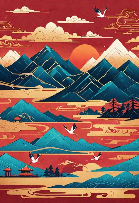 pine，A Thousand Miles of Rivers and Mountains，Flying cranes，Lacquer、relief、mountains，gold foil，Minimalist composition of Chinese landscapes、red sky solid color，illustration