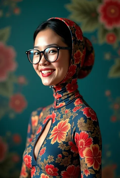 The beautiful Chinese flexible adult girl wearing a black glasses with beautiful cheeks wears floral print full lycra dancewear turtleneck unitard catsuit.She always wears floral print lycra elastane dancewear hijab-like zentai hood.She is happy to perform...