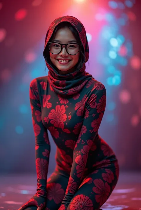 The beautiful Chinese flexible adult girl wearing a black glasses with beautiful cheeks wears floral print full lycra dancewear turtleneck unitard catsuit.She always wears floral print lycra elastane dancewear hijab-like zentai hood.She is happy to perform...