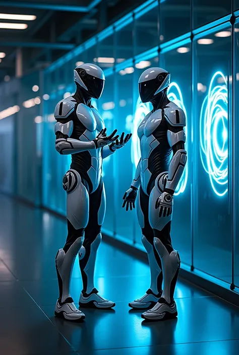 {
  "size": "1024x1024",
  "prompt": "In a futuristic laboratory setting, Neutron, wearing the same advanced armor as shown in the provided image, stands beside Proton, who is also in bright, futuristic armor. Neutron makes a balancing gesture with both ha...