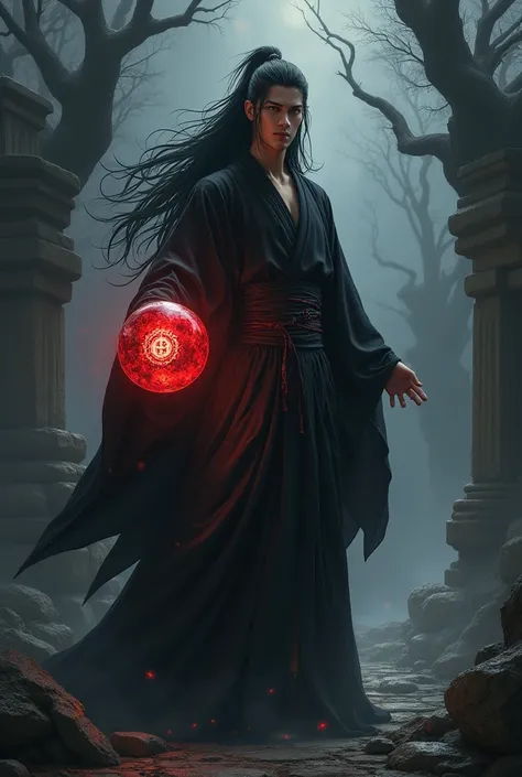 Anime, Male, long hair, black hair, immortal-like appearance, dark souls atmospheric, black dark striped kimono, holding a red ball of energy with a mysterious crest.