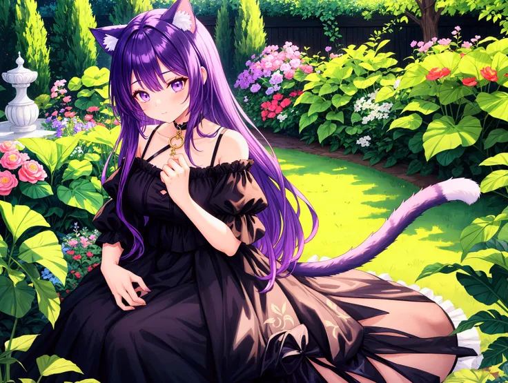 a girl with purple hair, cat ears, and a cat tail, wearing a black dress, in a beautiful garden, (best quality) ,vibrant colors,fantasy,magical 