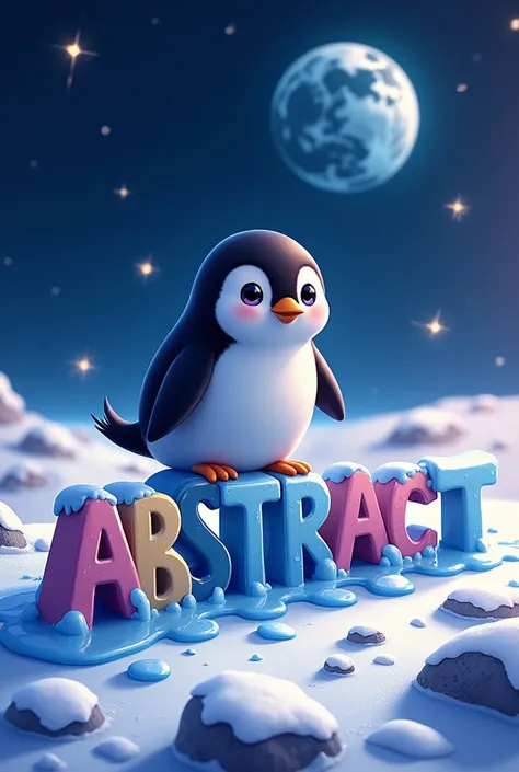 in anime art, a penguin sitting on the word ABSTRACT on a moon