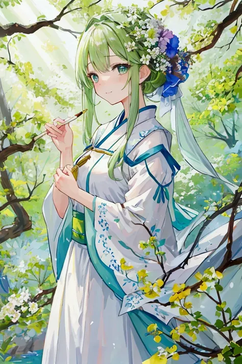 「A young woman quietly painting in nature。She is wearing a soft white dress、Around her are colorful flowers and green trees々is spreading。A gentle smile appeared on her face、Her dreamy gaze is striking。She holds a sketchbook and colorful paints in her hands...