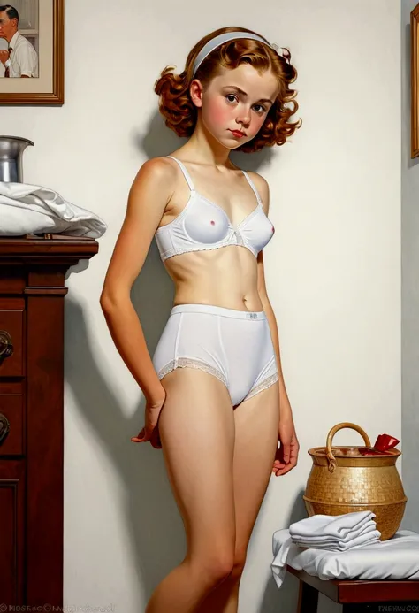 a 15 years old girl in small white underwear in the style of Norman Rockwell