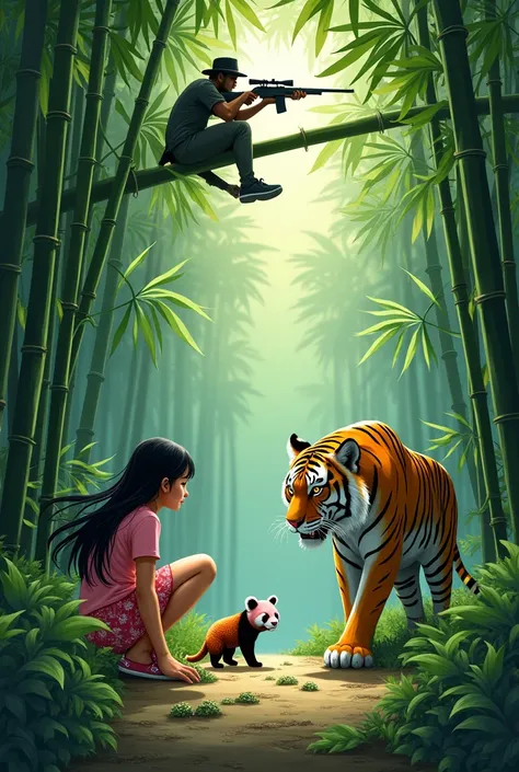 This is an art piece that expresses a chain reaction. A girl is digging bamboo shoots in a bamboo forest. A pink panda is aiming at the girl from the bushes. A tiger is aiming at the panda from the bushes. A hunter is aiming at the tiger with a sniper rifl...