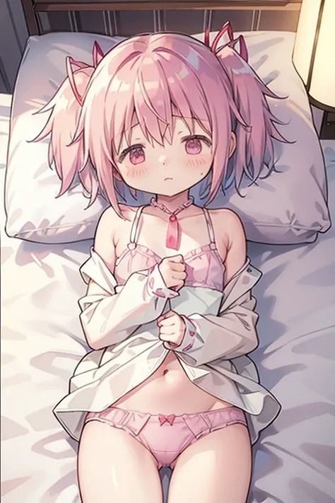 One Girl、 Bedroom、View your viewers、night、Bedroom、bed、Blushing with embarrassment、cute、Pink Bra、Pink Panties、Thin underwear、Sleeping posture、Kaname Madoka、Child body type、Small breasts、pig tail、Pink Hair