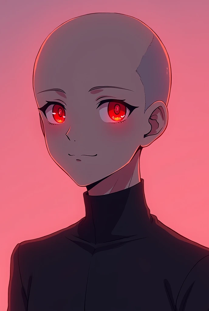 A man with red eyes and no hair on his head A detailed anime-style portrait of a young man standing with no hair on his head and a clear face looking straight ahead with a normal smile The plane in the background is one color