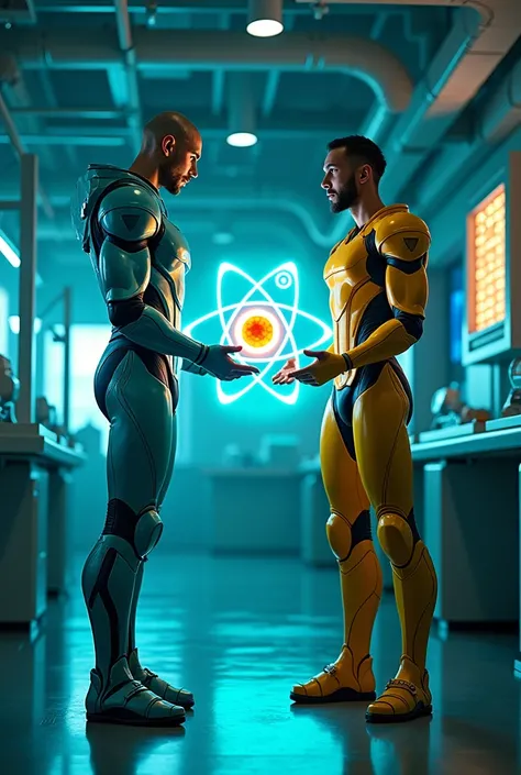 {
  "size": "1024x1024",
  "prompt": "In a high-tech, futuristic laboratory, Neutron is depicted in his sleek, advanced armor as seen in the provided image. He stands with a calm and focused expression, making a balancing gesture with both hands. Next to h...