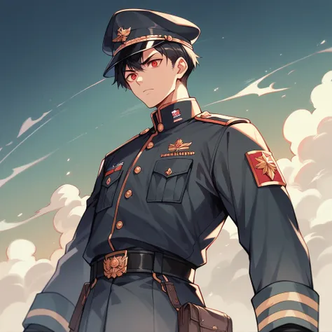 masterpiece,8k,Very detailed,Highest quality, soldier,Black military uniform,military cap,Red eyes,Black Hair,Short Hair,