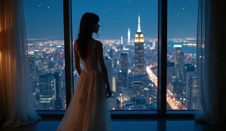 A girl in a long, form-fitting dress in the shadows of the light, view from behind, highest quality of detail, against the backdrop of a night city behind a large window