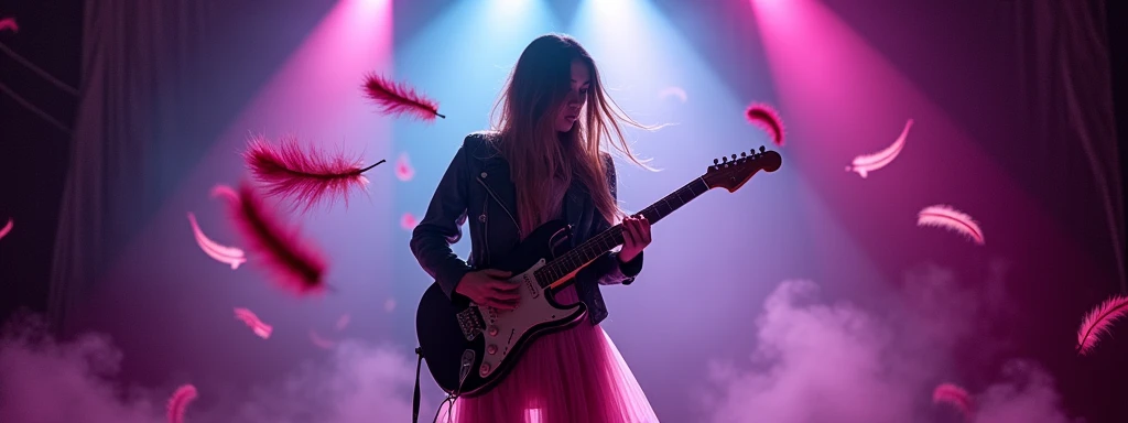 A dimly lit stage adorned with soft, flowing fabric in deep purples and midnight blues, contrasted by sharp, bright white and pink spotlights. A female guitarist with long, wavy hair, wearing a leather jacket over a flowing dress, stands in the center, her...