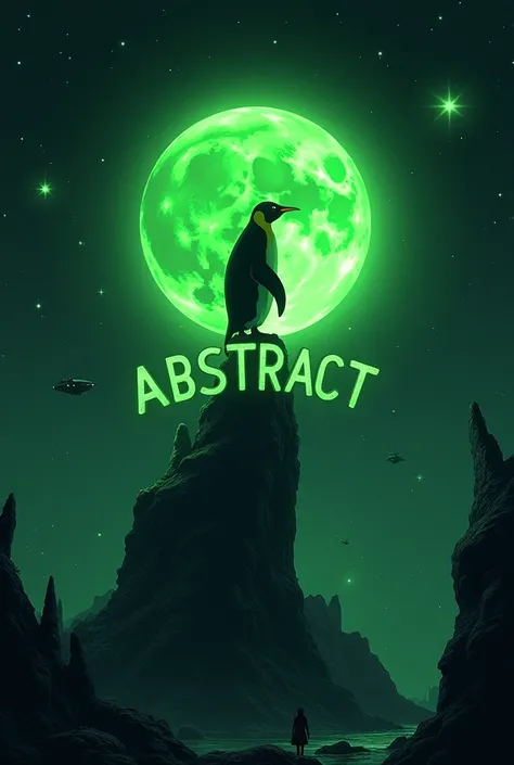 in anime dark art, a penguin sitting on the green word ABSTRACT on a moon making only the Abstract as light so the aliens can see