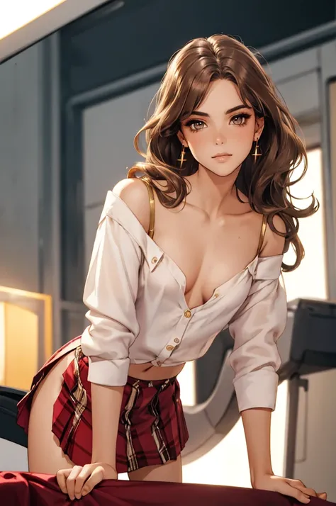 1girl,a beautiful fashion model ,(masterpiece, detailed background, best quality), shoulder length hair, wavy and shiny hair, brown hair, elegant makeup, dark makeup, earrings, pink eyeshadow, white shirt, red plaid skirt, gold bra and gold thong, brown ey...