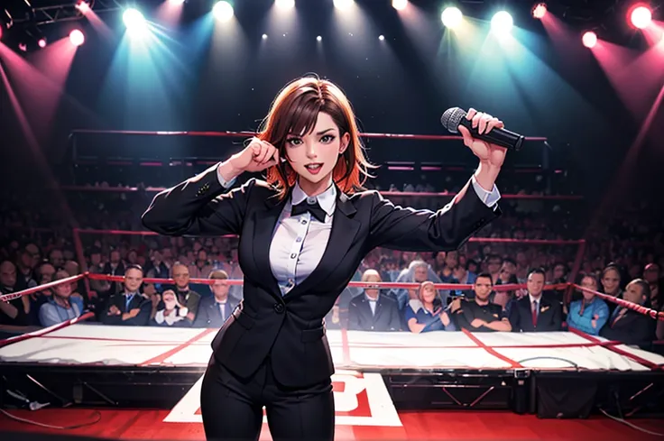 On the boxing ring, (Many viewers:1.3) , (A female presenter wearing a suit, holding a microphone on stage.:1.3) ,  