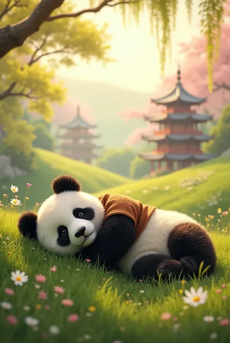 A panda wearing a brown shirt,Lazing around, sleeping on the grass,Background grassland,Sleep hard,Cute realistic style,Chinese style in the background