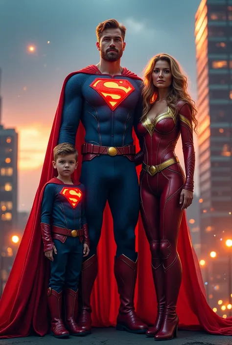 Thore in hero costume with his son and wife but they all in costume 