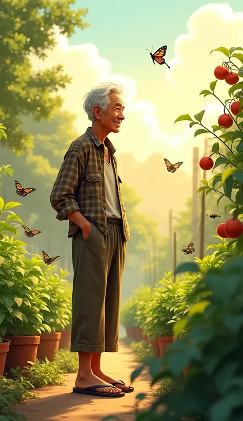 Uncle Tu is an elderly man, Lean with gray hair and tanned skin. He usually wears simple clothes like old shirts, Long pants and flip-flops. He has a gentle face, He often smiles and shows optimism through his actions. Many insects flying in the vegetable ...