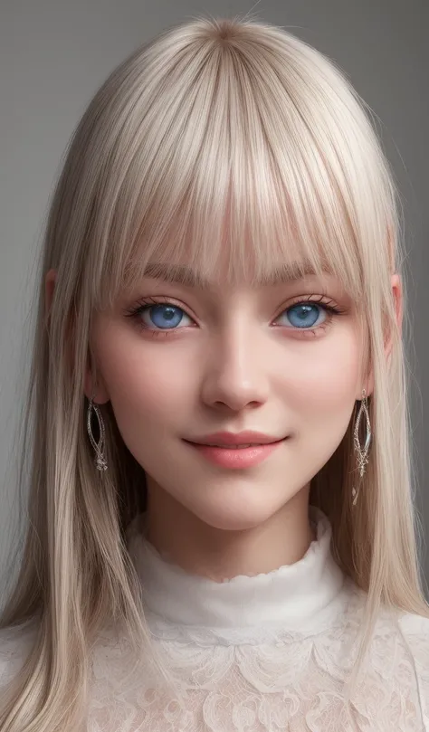 (1 Nordic girl)、Blue eyes:1.5、bangs:1.5、(bangs)、(Small face)、round face、(light in your eyes)、Shiny platinum blonde hair、Gentle expression、Perfect and beautiful、Big Breasts、smile、Pure white skin、Straight Hair、(Beautiful and stylish clothes)、hair ornaments、E...