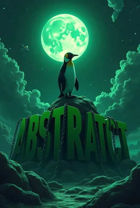 in anime dark art, a penguin sitting on the green big chained word ABSTRACT chained on the word. on a moon making only the Abstract as light so the aliens can see