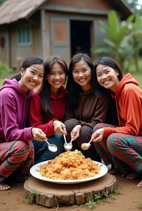 4 beautiful Indonesian women wearing hoodies and long pants, Facing forward, sitting on the ground eating a jumbo plate of rice with fried chicken, right hand holding a big spoon, behind the village house, minim diffect, ultra details