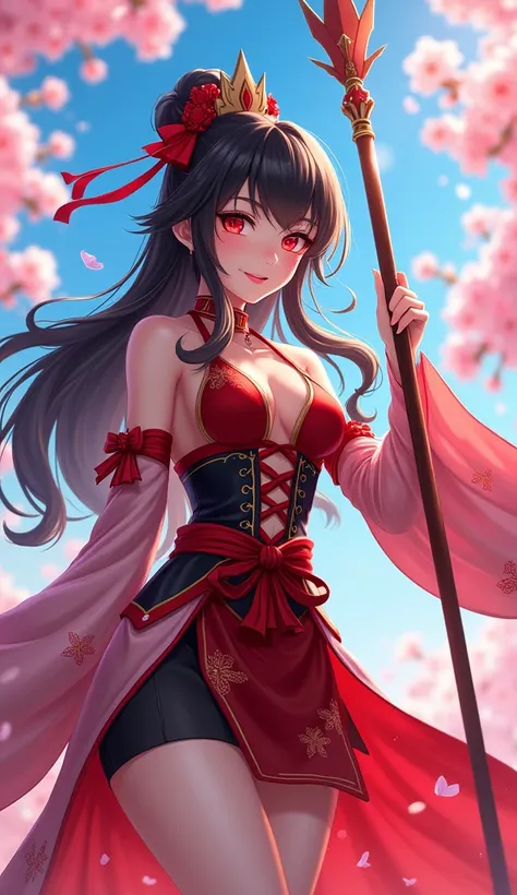 Hu Tao from Genshin Impact, young woman with long dark hair and red eyes, wearing a red and black outfit with floral patterns, holding a staff, pyro vision user, cheerful expression, anime style