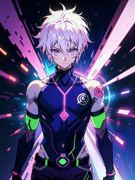 Anime Boy, Neon purple hair, And pink color, wounds, a sticker, Neon style throughout the shot, Cool pose,Neon background