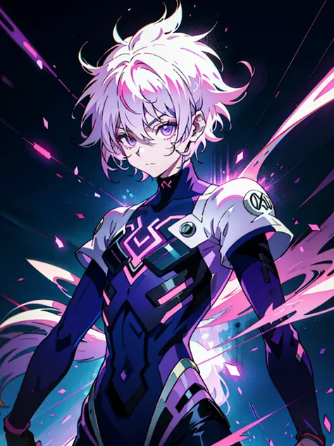 Anime Boy, Neon purple hair, And pink color, wounds, a sticker, Neon style throughout the shot, Cool pose,Neon background