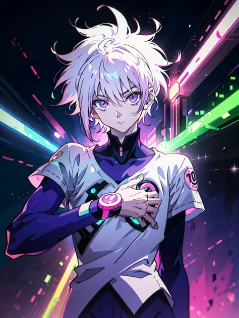 Anime Boy, Neon purple hair, And pink color, wounds, a sticker, Neon style throughout the shot, Cool pose,Neon background