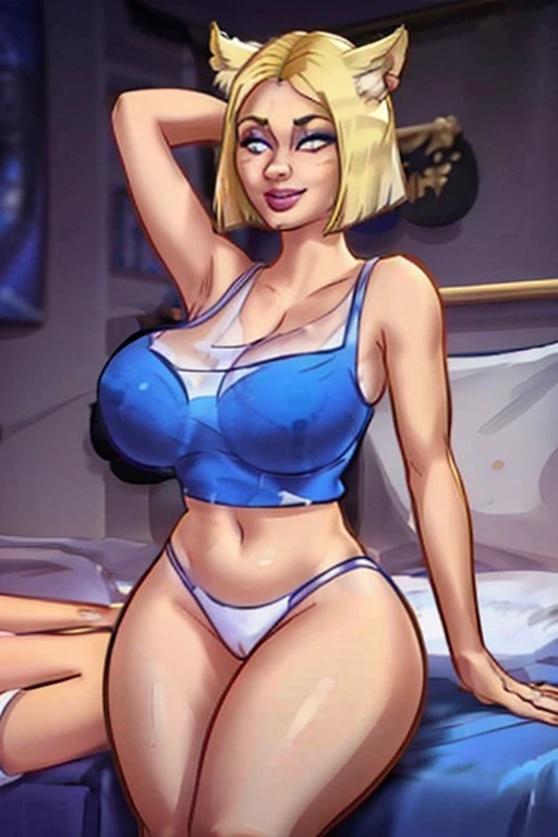 1 hot, pale skin, kda ari, blue colored eyes, ssmile, marvelous, hair blonde, short bob, fox ears, make up, young teenager, Breasts huge, Hands behind the head, Underarms, tight body, on the  bed, On her back, cropped shirt, below the chest, whisker marks