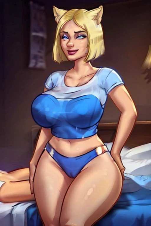 1 hot, pale skin, kda ari, blue colored eyes, ssmile, marvelous, hair blonde, short bob, fox ears, make up, young teenager, Breasts huge, Hands behind the head, Underarms, tight body, on the  bed, On her back, cropped shirt, below the chest, whisker marks