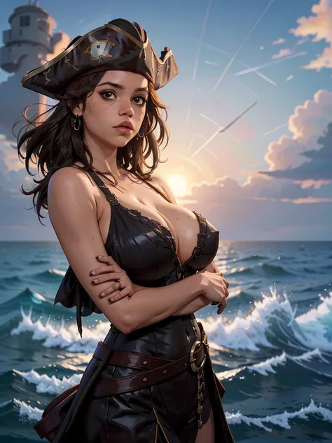 one girl, One, bust, black eyes, Jenna Ortega,  cum on face, naked tits, Pirate, Pirate hat, noon, sunny day, Pirate outfit,  (big breasts, giant breasts, split:1.2), (Bright sky background, blurred background, sea background:1.2)