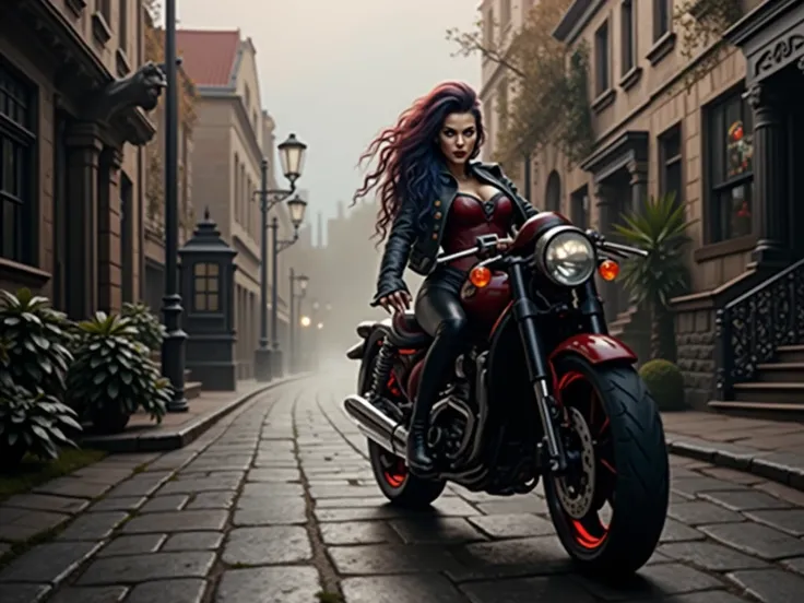 The image now depicts a seductive vampire standing on a moonlit cobblestone street in an old European city. Her leather jacket remains, but its now adorned with ancient occult symbols and a "NIGHT STALKERS" patch. Her crop top is replaced by a deep red cor...